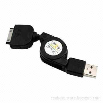 USB2.0 A Plug Retractable Cable for iPhone/iPod/iPad with PVC Jacket, Compact/Lightweight